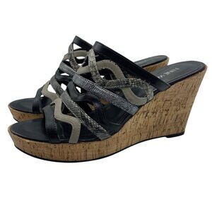 Nine West Womens Cork Wedge Sandals Size 7.5M Black, Silver & Neutral Strappy